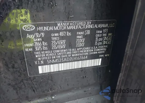 2020 Hyundai Santa Fe Se from USA, damaged, VIN 5NMS23AD2LH167664